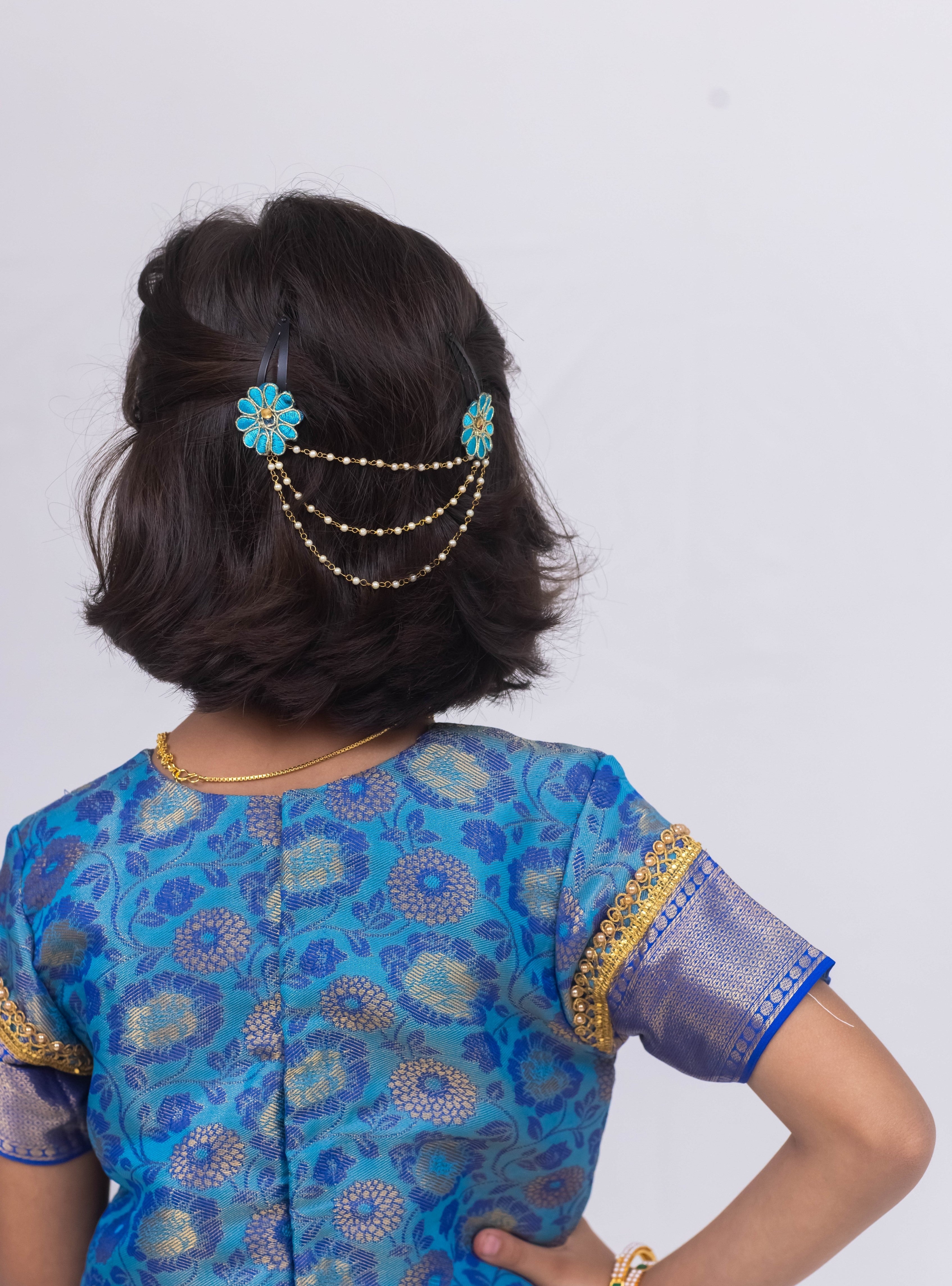 Blue banarasi jacquard brocade Pattu Pavada Parkar Polka set with a heavy yoke pattern for Girls.Let your princess be as comfortable as in her casuals with carefully designed & crafted Comfort Ethnic Wear by Soyara Ethnics.Keep her fashion quotient high with timeless patterns, vibrant combinations and royal textiles.