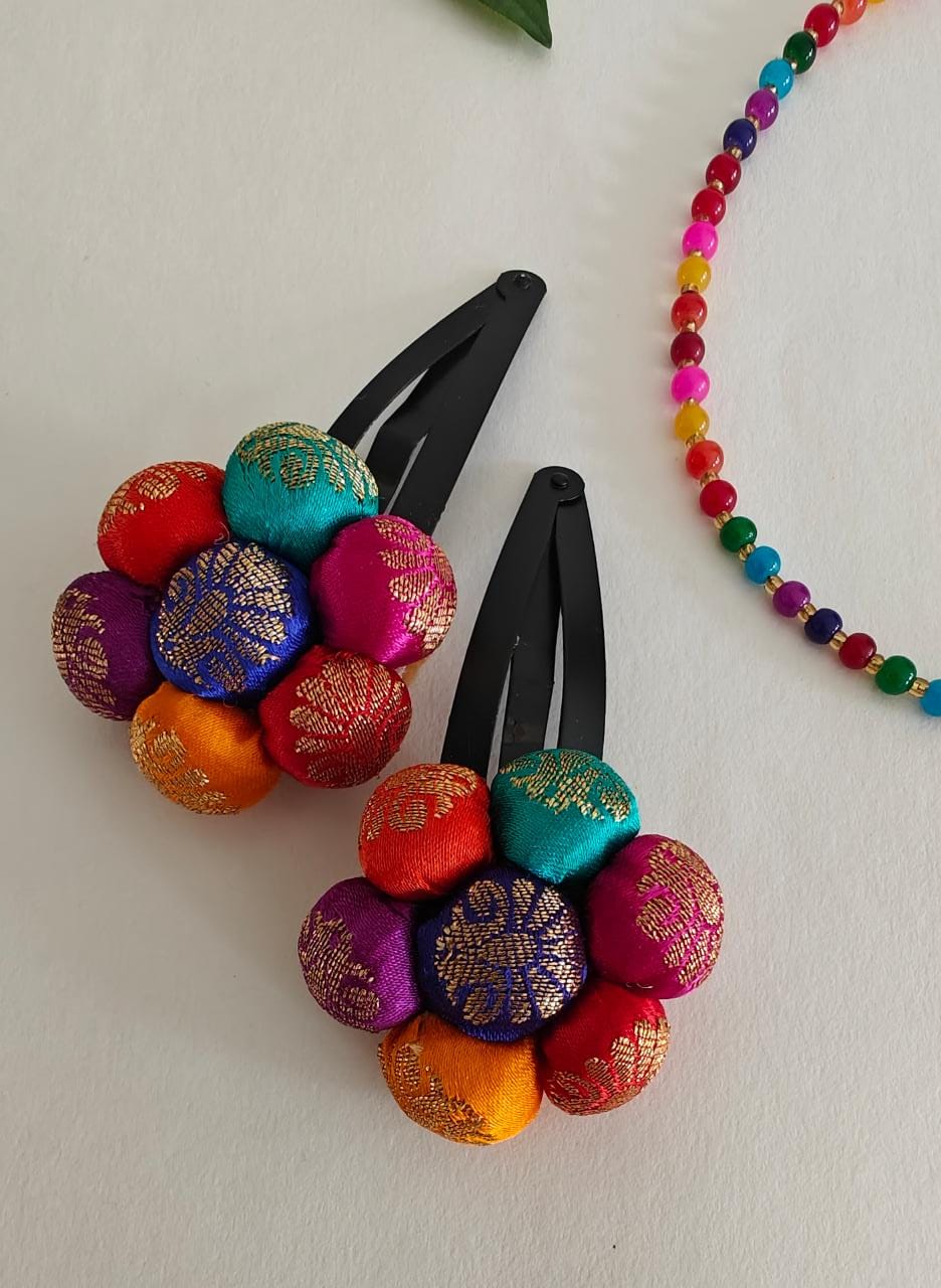 Accessories gifts fancy traditional ethnic for kids trendy handmade fabric accessories brocade handcrafted matching assorted mix n match pearl multicolour metal golden party wear beaded glass beads trendy gold plated earrings pendant