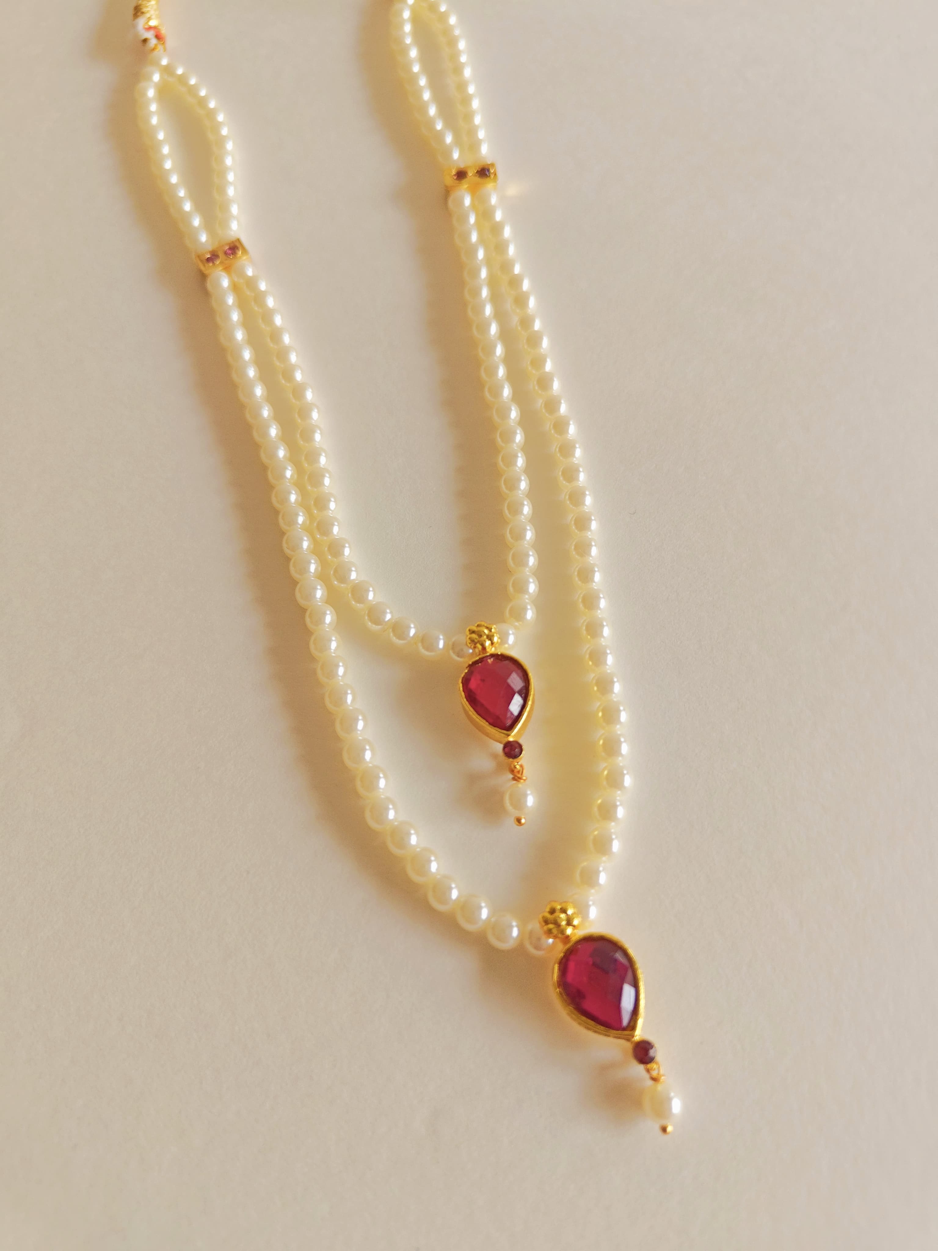 Semi-cultured double layer pearls necklace with Karwari Drop shaped Pink Stone Pendant for Girls