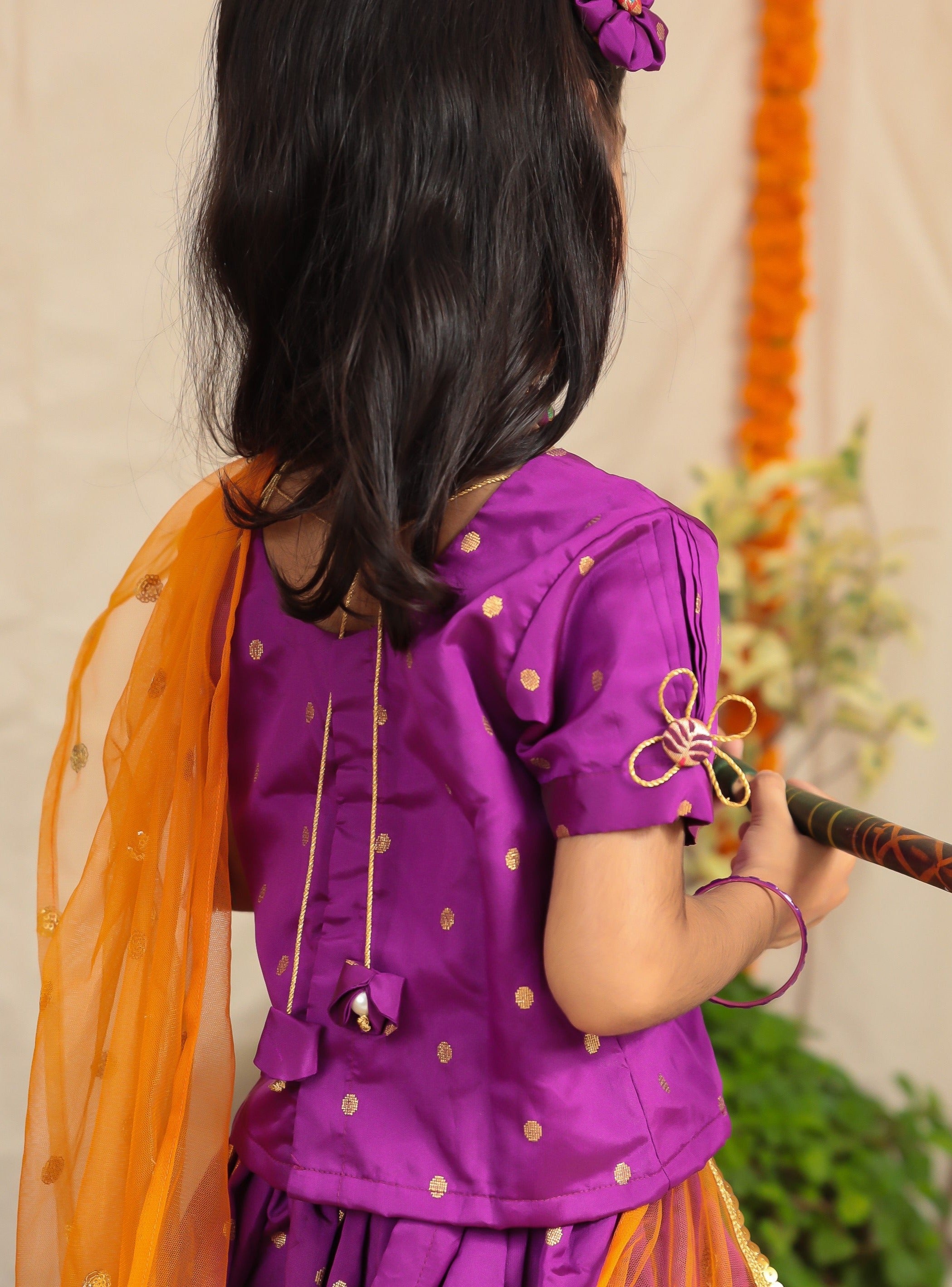 Purple Taffeta Silk Ghagra Choli with a broad statement Paithani Border for girl.Let your princess be as comfortable as in her casuals with carefully designed & crafted Comfort Ethnic Wear by Soyara Ethnics.Keep her fashion quotient high with timeless patterns, vibrant combinations and royal textiles.
