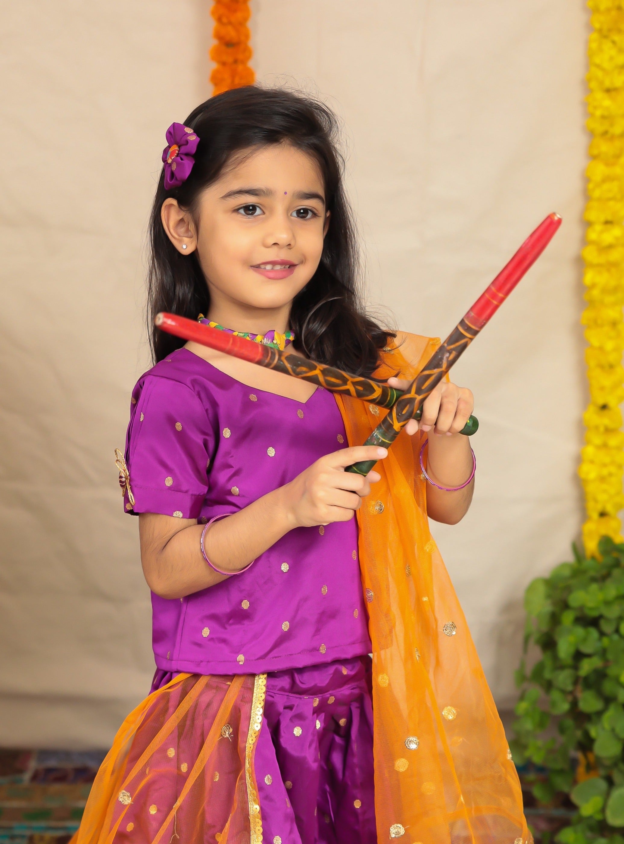 Purple Taffeta Silk Ghagra Choli with a broad statement Paithani Border for girl.Let your princess be as comfortable as in her casuals with carefully designed & crafted Comfort Ethnic Wear by Soyara Ethnics.Keep her fashion quotient high with timeless patterns, vibrant combinations and royal textiles.