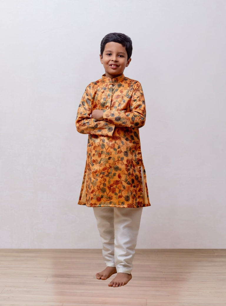Amber coloured floral printed tussar silk kurta with stand collar for Boys