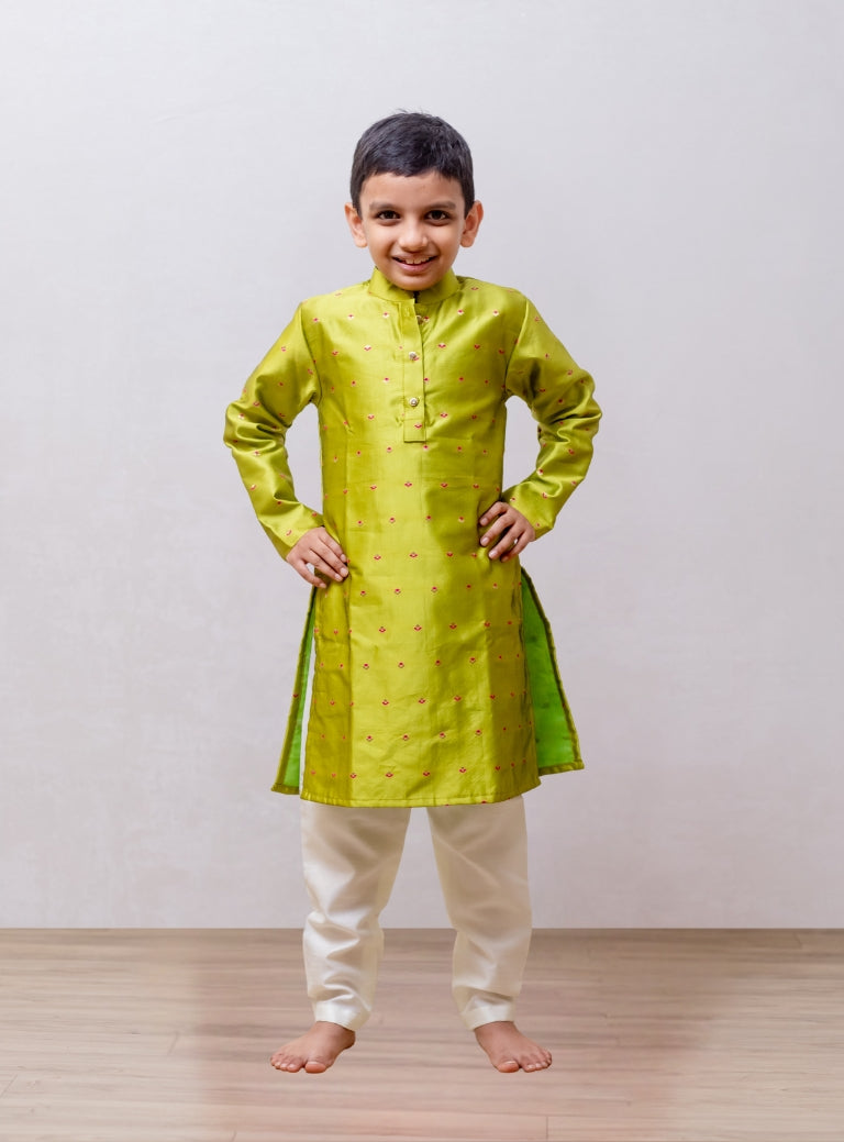 This parrot green taffeta silk kurta for boys features a stand collar and detailed zari embroidery. The placket is adorned with stone-studded buttons, and the kurta is lined with comfortable cotton for added ease.