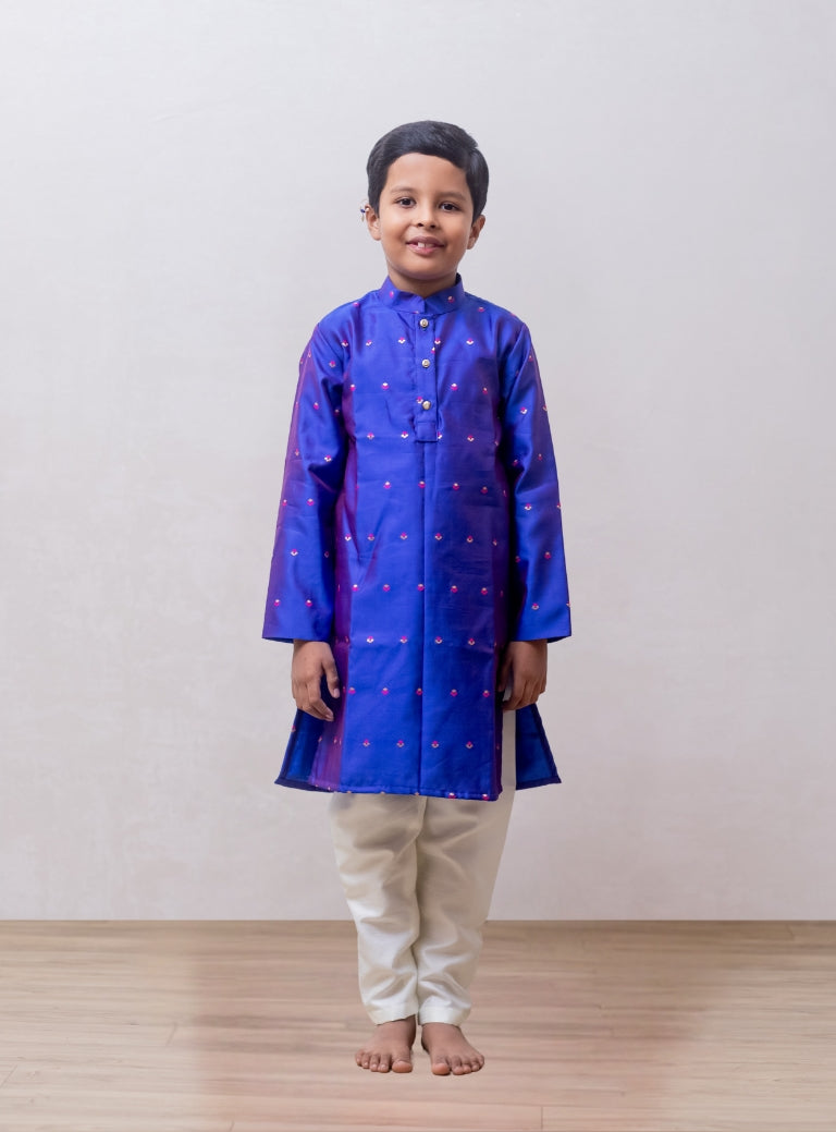 This Royal Blue taffeta silk kurta for boys features a stand collar and detailed zari embroidery. The placket is adorned with stone-studded buttons, and the kurta is lined with comfortable cotton for added ease.