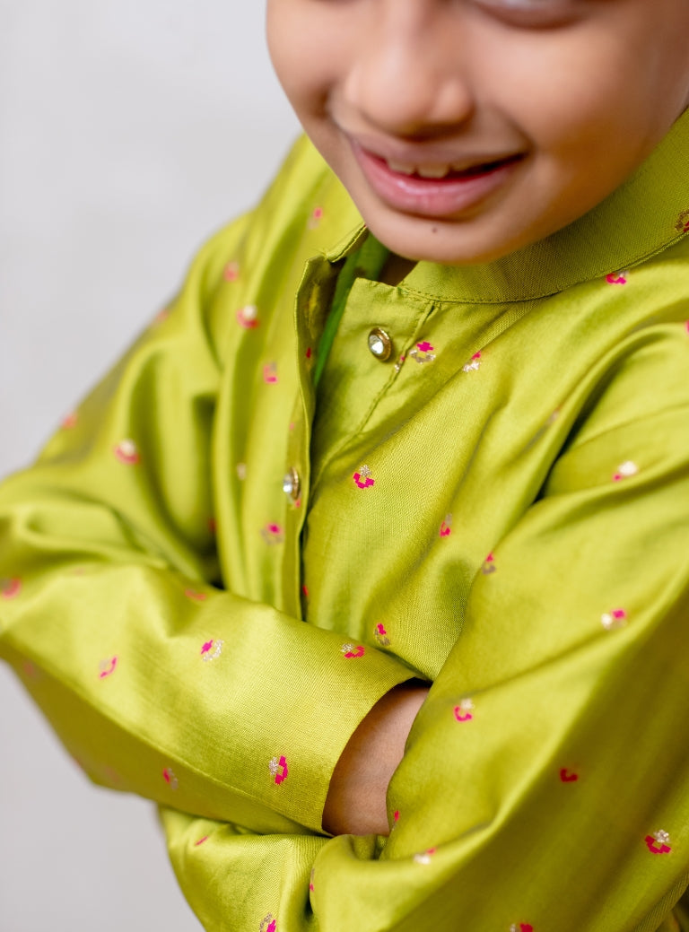 This parrot green taffeta silk kurta for boys features a stand collar and detailed zari embroidery. The placket is adorned with stone-studded buttons, and the kurta is lined with comfortable cotton for added ease.