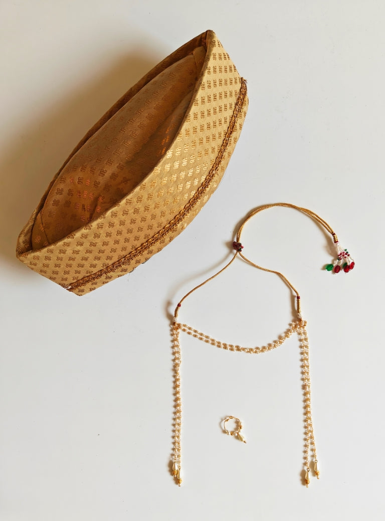 Dev-Karya Combo - Golden Brocade Yajman Topi(Size22),Golden Findings Mundavali and Pearl Bhikbali Combo For Batu