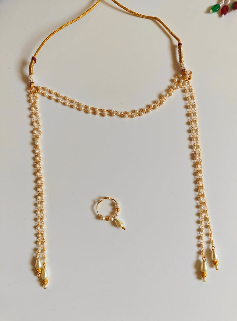 Dev-Karya Combo - Golden Brocade Yajman Topi(Size22),Golden Findings Mundavali and Pearl Bhikbali Combo For Batu