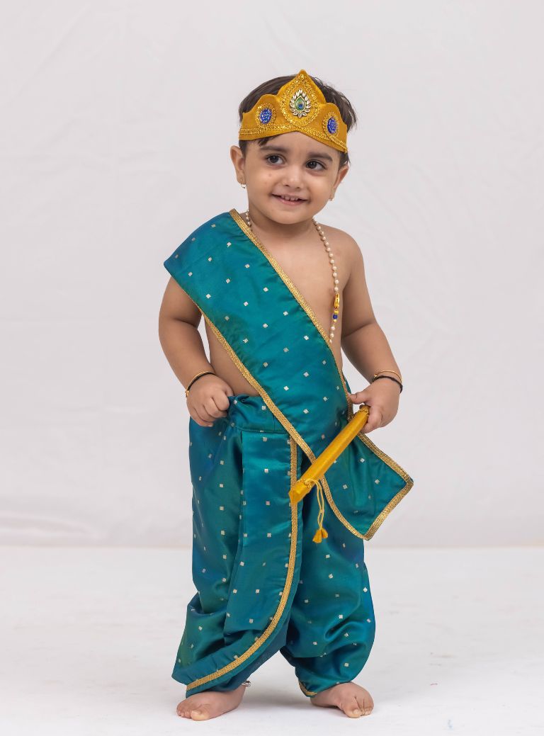 Aqua satin taffeta kanha dhoti set for little Krishna's