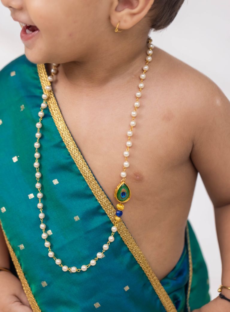 Aqua satin taffeta kanha dhoti set for little Krishna's Janmashtami celebration