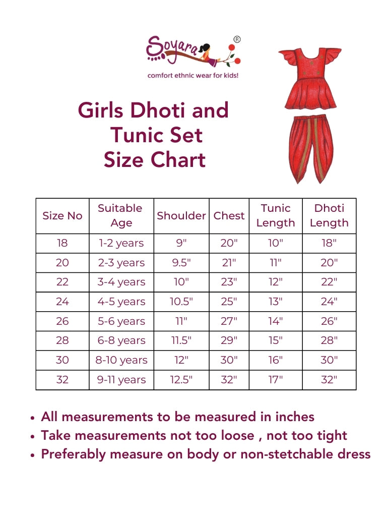 Purple mysore silk tulip dhoti and orange raw silk tunics set with an intricate embroidered yoke pattern for Girls