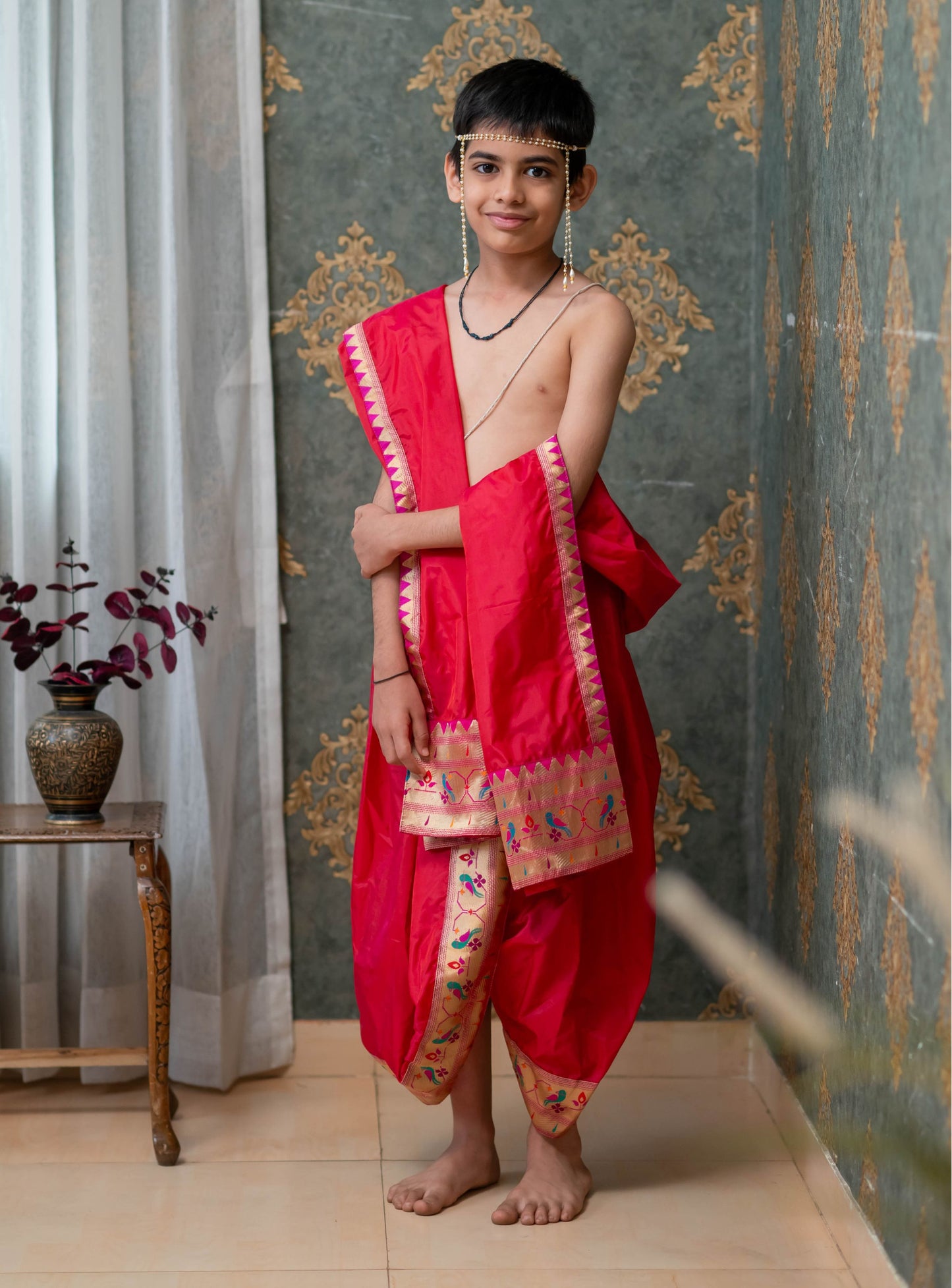 Scarlet Red Mysore silk sovale uparane set with intricate Parrot Paithani border for Batu.Pre-stitched sovale uparane set includes Ready to wear Sovale & Uparane/Upavastra.Can be paired with a short kurta.This Set is ideal for rituals like Matrubhojan,Muhurt during Munj/Upanayan/Vratabandha/Thread Ceremony.