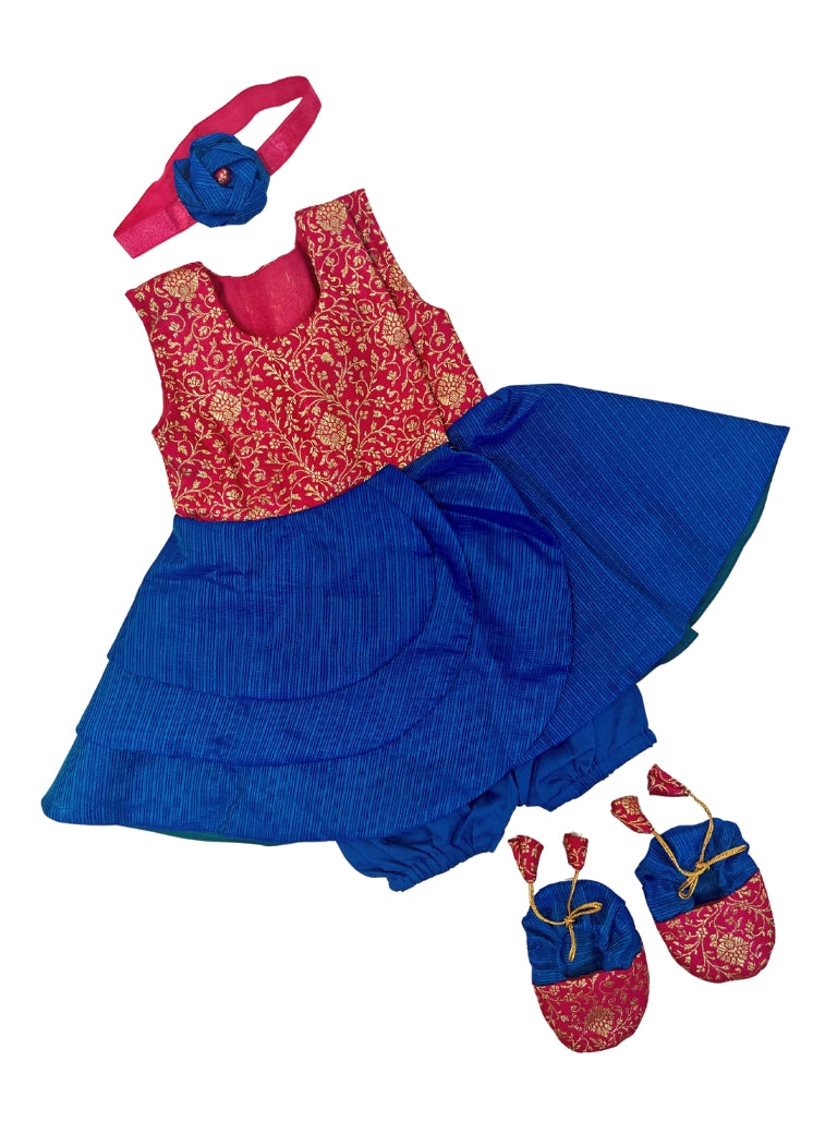 Arnaa Set - Pink Banarasi brocade bodice and Blue kotta silk open layered flair naming ceremony dress dress with bloomer ,headband and booties for a newborn baby girls