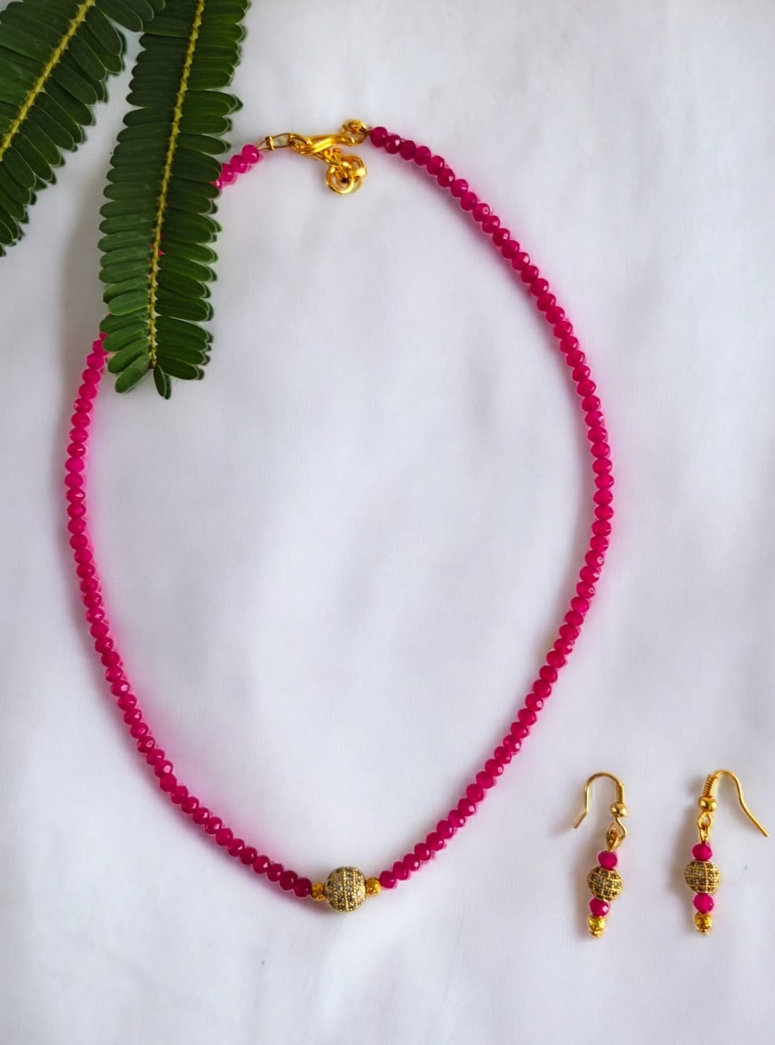 Pink Opaque crystal beads necklace set with a white cz stone balls pendant