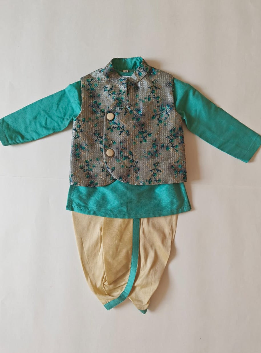 Shishir Set Sea Green cotton silk round neck kurta and Golden