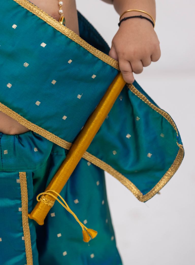 Aqua satin taffeta kanha dhoti set for little Krishna's Janmashtami celebration