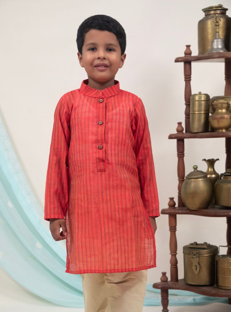 Rust Orange Cotton silk striped regular stand collar kurta for Boys