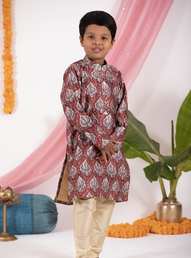Kalamkari Digital printed Modal satin Silk Stand Collar Kurta for Boys