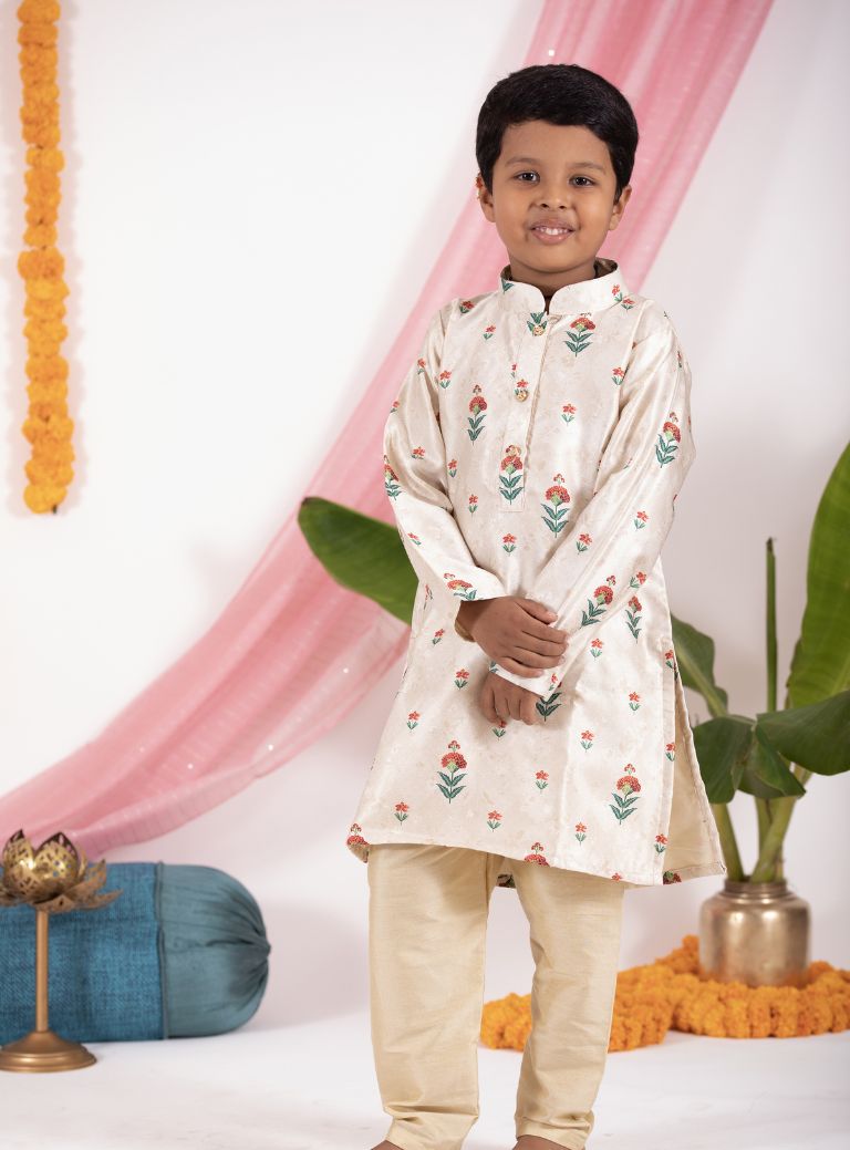 Beige with subtle floral Digital printed Modal satin Silk Stand Collar Kurta for Boys