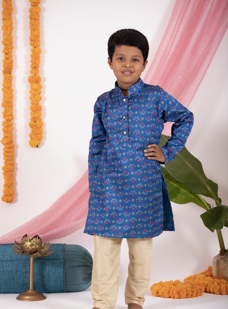 Blue Digital printed Modal satin Silk Stand Collar Kurta for Boys