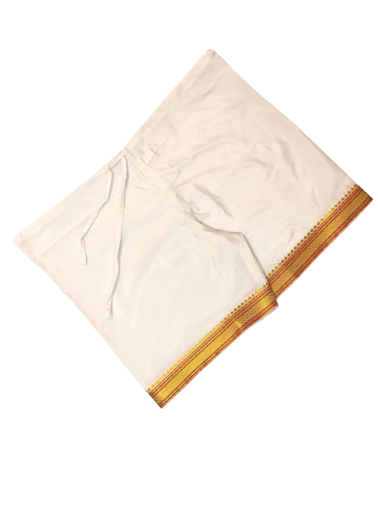 Mysore Silk Inner Pant for Batu with golden border essentail for Chaul Sanskar.Mundavalya,kanthi,bhikbali,topi,pagdi are boys accessories exclusively designed using Pearls,glass beads,jadau & gold plated findings for Batu,for Upanayan/Vratabandha/munj /thread ceremony.