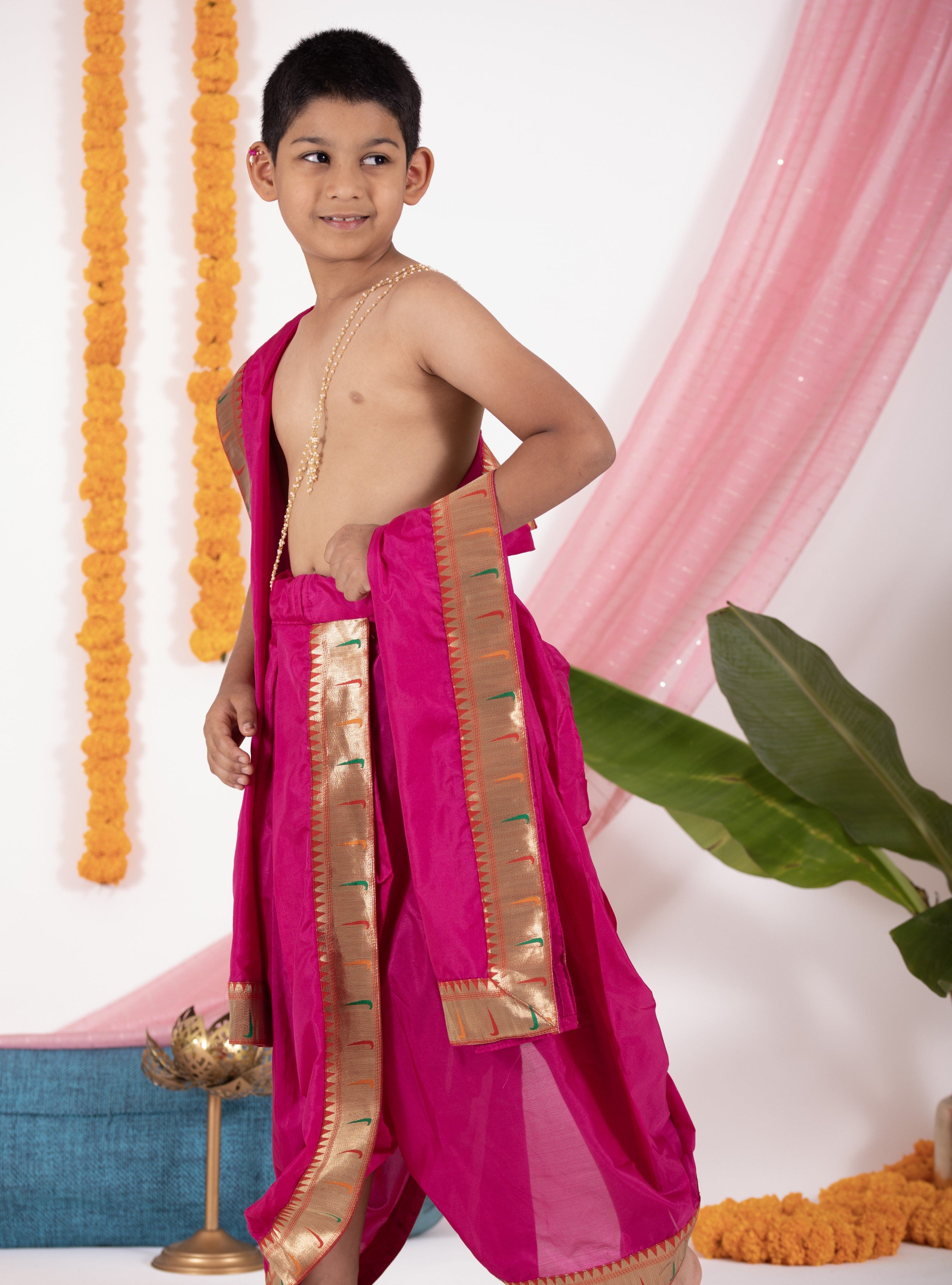 Ruby Pink Mysore Silk Dhoti/Soval/Kad & Shawl/Upran/Shela with Paithani jari Border Set for Batu.Pre-stitched sovale uparane set includes Ready to wear Sovale & Uparane/Upavastra.Can be paired with a short kurta.This Set is ideal for rituals like Matrubhojan,Muhurt during Munj/Upanayan/Vratabandha/Thread Ceremony.