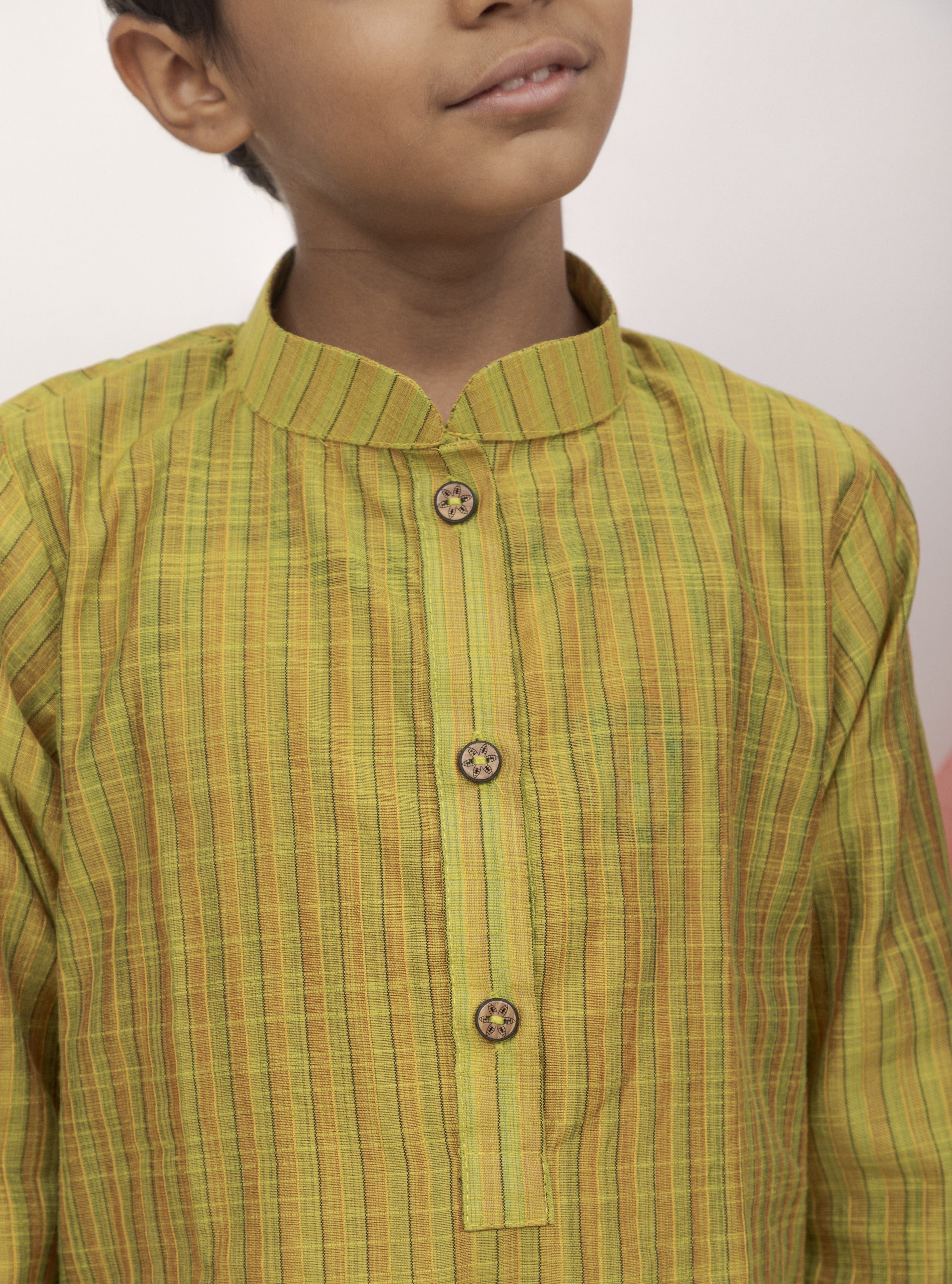 Olive Green Cotton silk striped regular stand collar kurta.Kurtas with collar or Angrakha pattern teamed with salwar are the best choice for any festive occasion for boys. They are Trendy, Easy to wear and comfortable to carry.