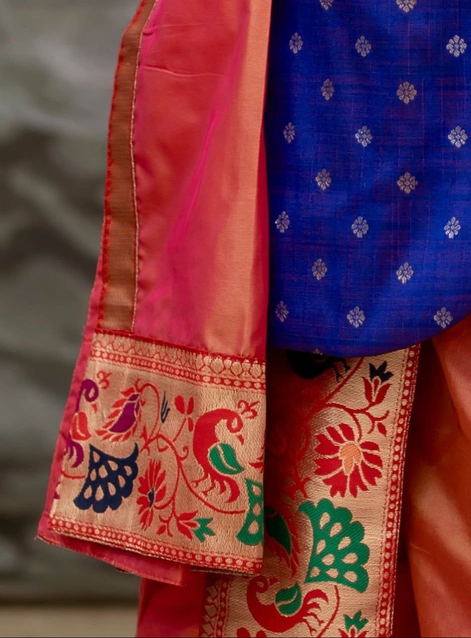 Blush Pink Mysore silk sovale uparane Blush Pink Mysore silk sovale uparane set with intricate Peacock Paithani border for Batu.Pre-stitched sovale uparane set includes Ready to wear Sovale & Uparane/Upavastra.Can be paired with a short kurta.This Set is ideal for rituals like Matrubhojan,Muhurt during Munj/Upanayan/Vratabandha/Thread Ceremony.