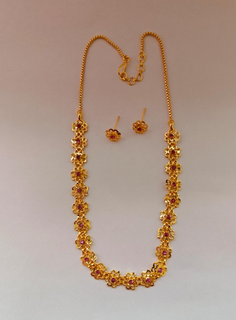 Bakul Haar Pink stone studded set for Girls.
Gold plated brass necklace with matching earrings in micro finish.Adorn your princess with head to toe premium quality handcrafted accessories made from allergy free, best quality materials.
