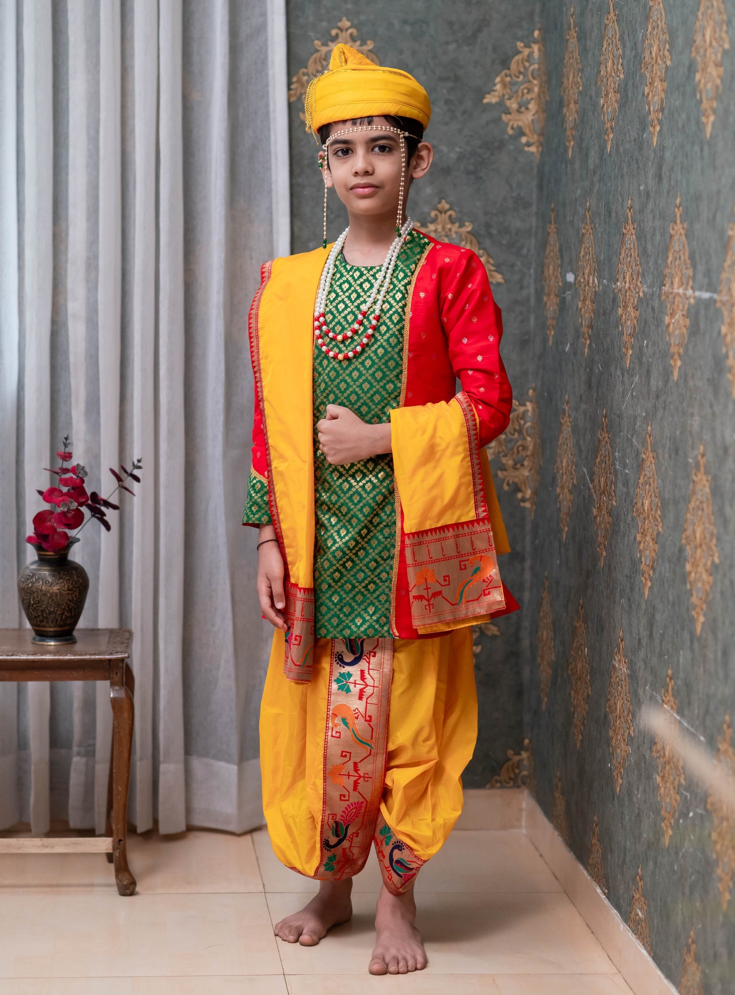 Sunshine Yellow Mysore silk sovale uparane set with intricate Peacock Paithani border and Red raw silk jari butta with green brocade silk paneled front open kurta with highlighted cuffs pattern for Batu.This Set is ideal for rituals like Matrubhojan,Muhurt during Munj/Upanayan/Vratabandha/Thread Ceremony.