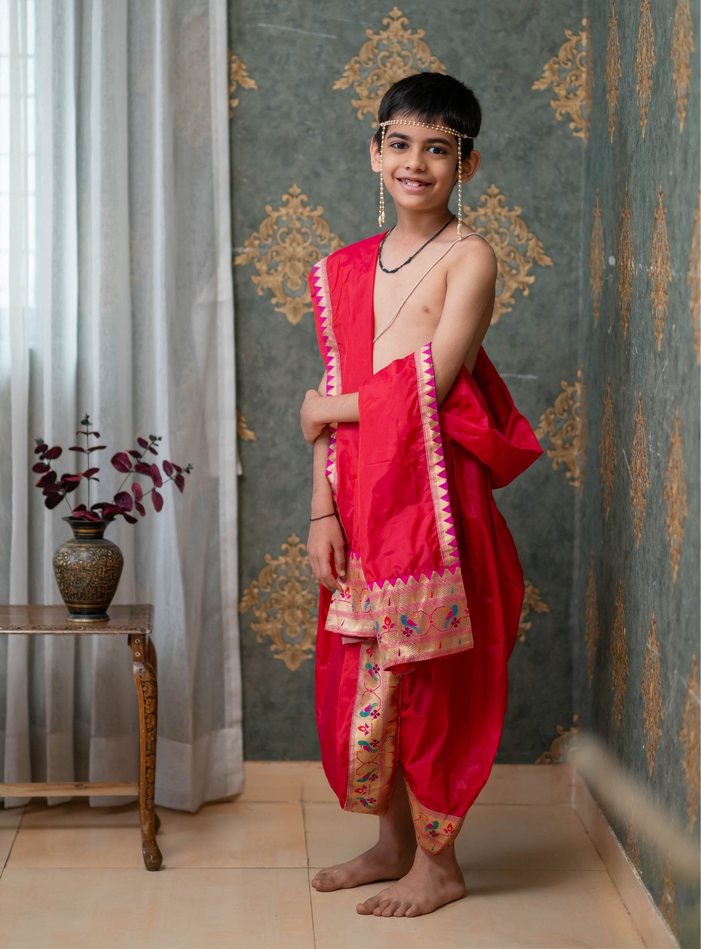 Scarlet Red Mysore silk sovale uparane set with intricate Parrot Paithani border for Batu.Pre-stitched sovale uparane set includes Ready to wear Sovale & Uparane/Upavastra.Can be paired with a short kurta.This Set is ideal for rituals like Matrubhojan,Muhurt during Munj/Upanayan/Vratabandha/Thread Ceremony.