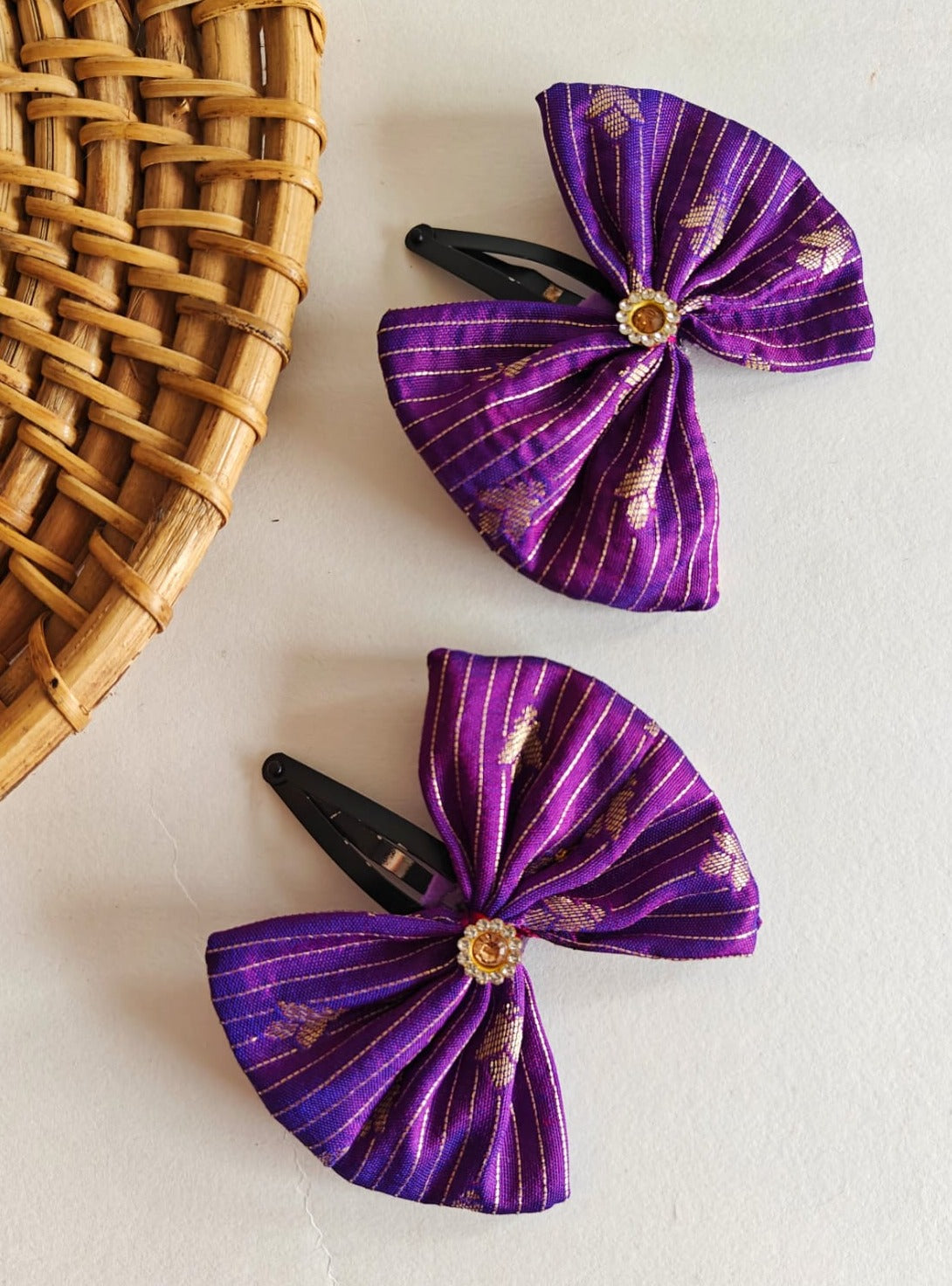 Purple Set of two brocade fabric bow tic tac clips for Girls Pair these clips with any partywear, Festive or even casual wear and get going.