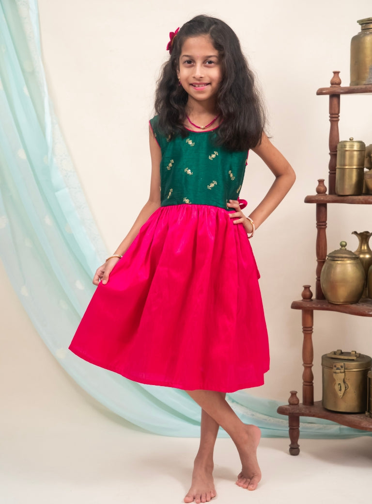 Sequined bottle green satin raw silk with Dark pink Raw silk Frock for Girls