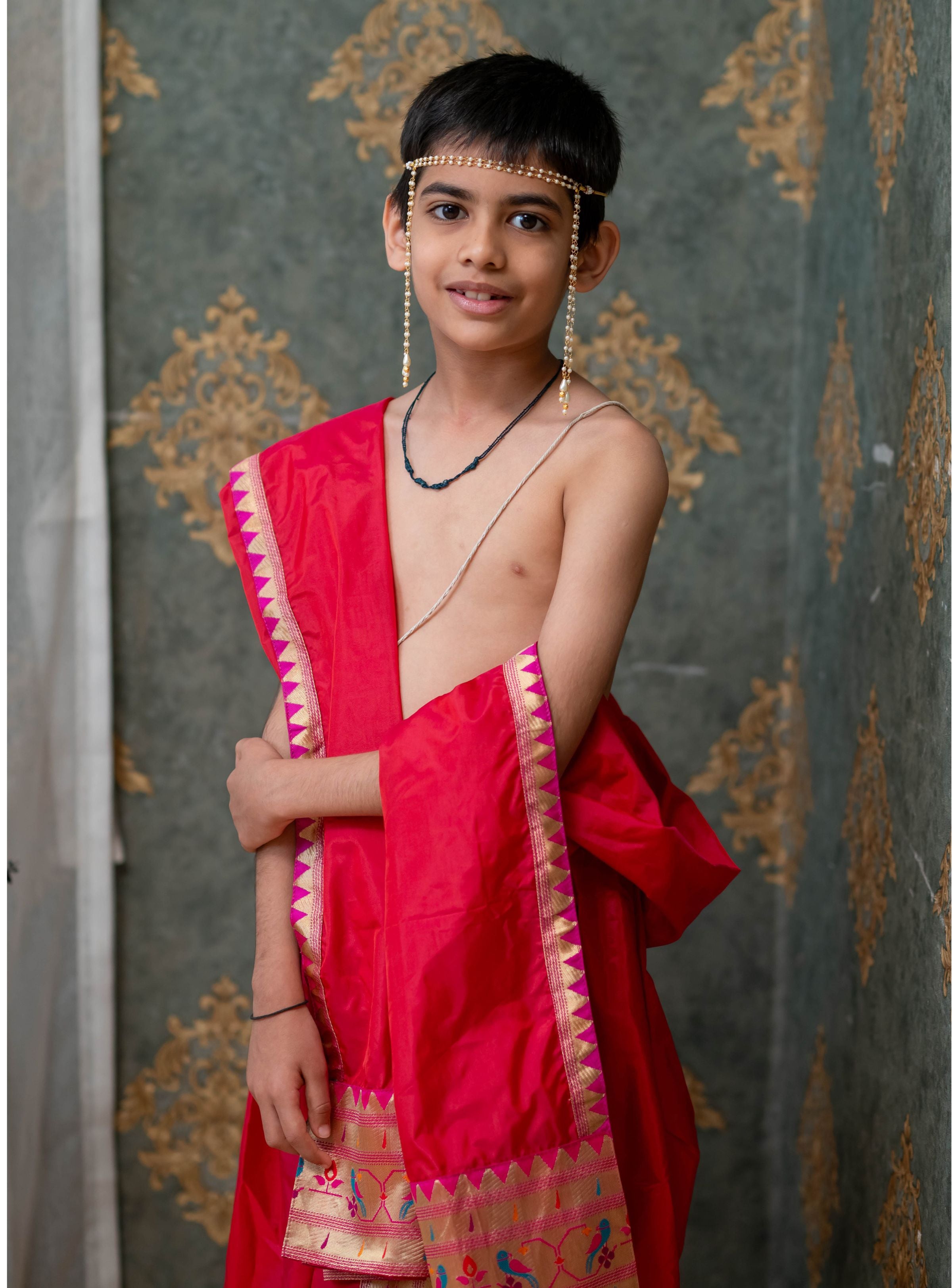 Scarlet Red Mysore silk sovale uparane set with intricate Parrot Paithani border for Batu.Pre-stitched sovale uparane set includes Ready to wear Sovale & Uparane/Upavastra.Can be paired with a short kurta.This Set is ideal for rituals like Matrubhojan,Muhurt during Munj/Upanayan/Vratabandha/Thread Ceremony.