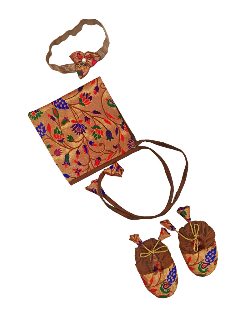 Premium quality Paithani brocade Naming Ceremony Essentials Combo for Baby Girl.All these Handcrafted accessories for Newborn are perfect add ons to any traditional attire of the baby.Designer baby mats,set of generic bloomers are other naming ceremony essentials.