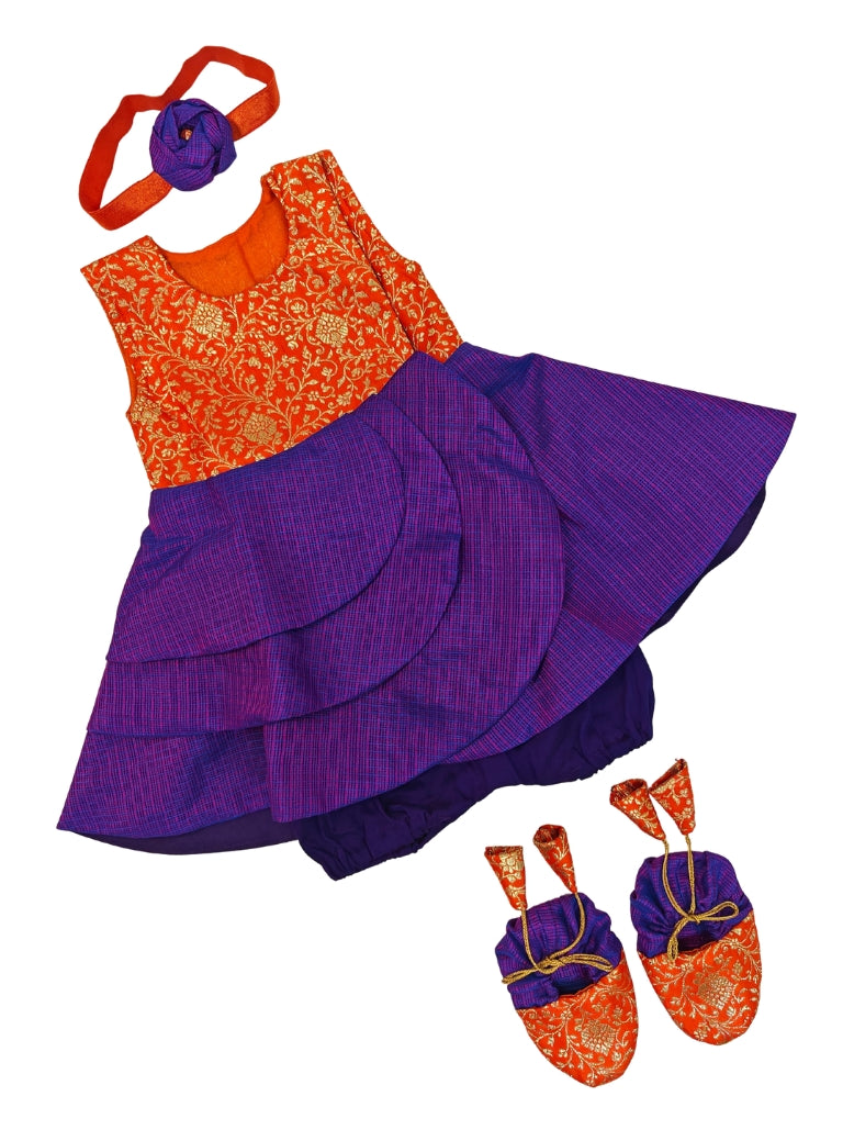 Arnaa Set - Orange Banarasi brocade bodice and Purple kotta silk open layered flair naming ceremony dress dress with bloomer ,headband and booties for a newborn baby girls