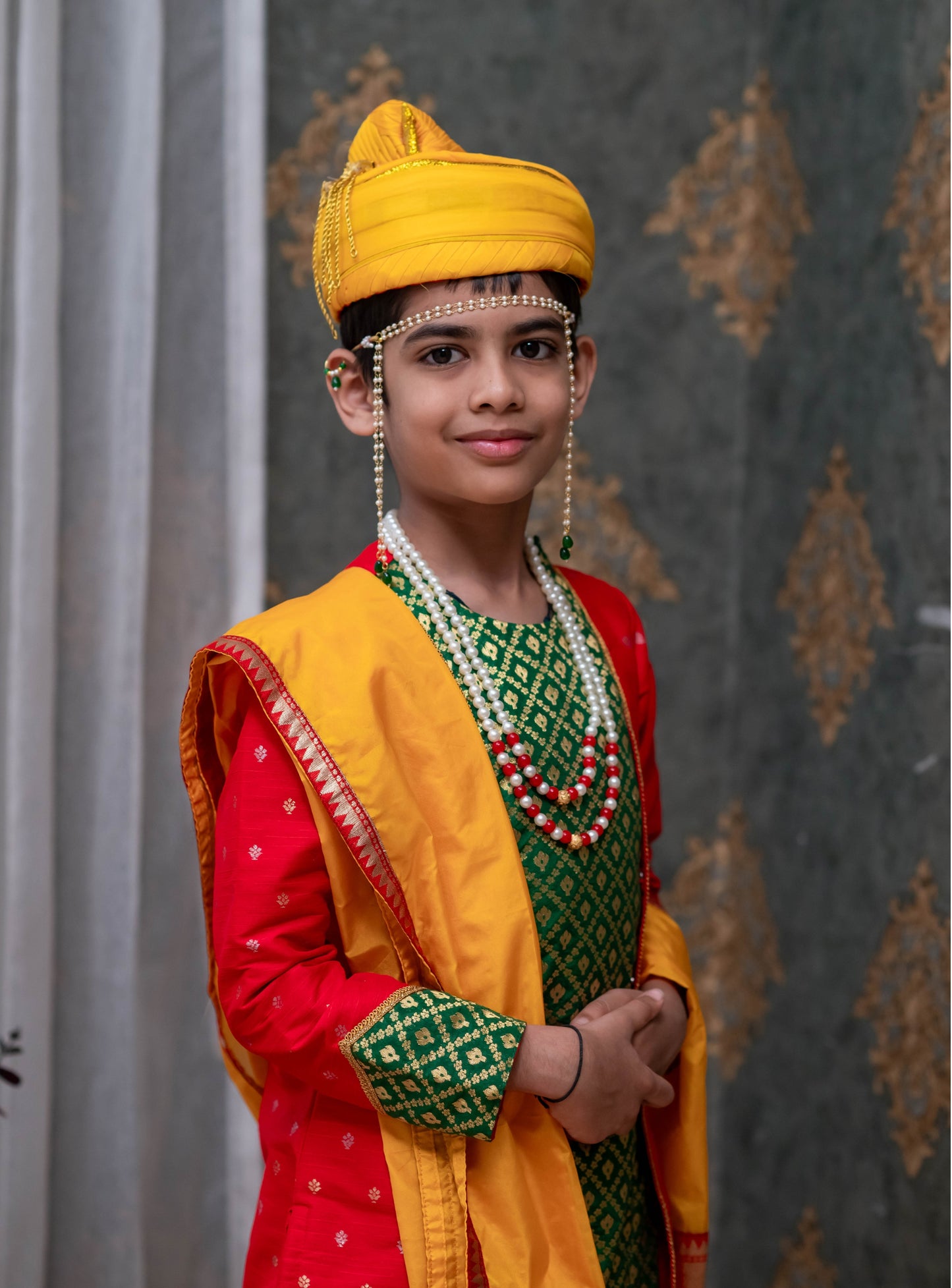 Sunshine Yellow Mysore silk sovale uparane set with intricate Peacock Paithani border and Red raw silk jari butta with green brocade silk paneled front open kurta with highlighted cuffs pattern for Batu.This Set is ideal for rituals like Matrubhojan,Muhurt during Munj/Upanayan/Vratabandha/Thread Ceremony.