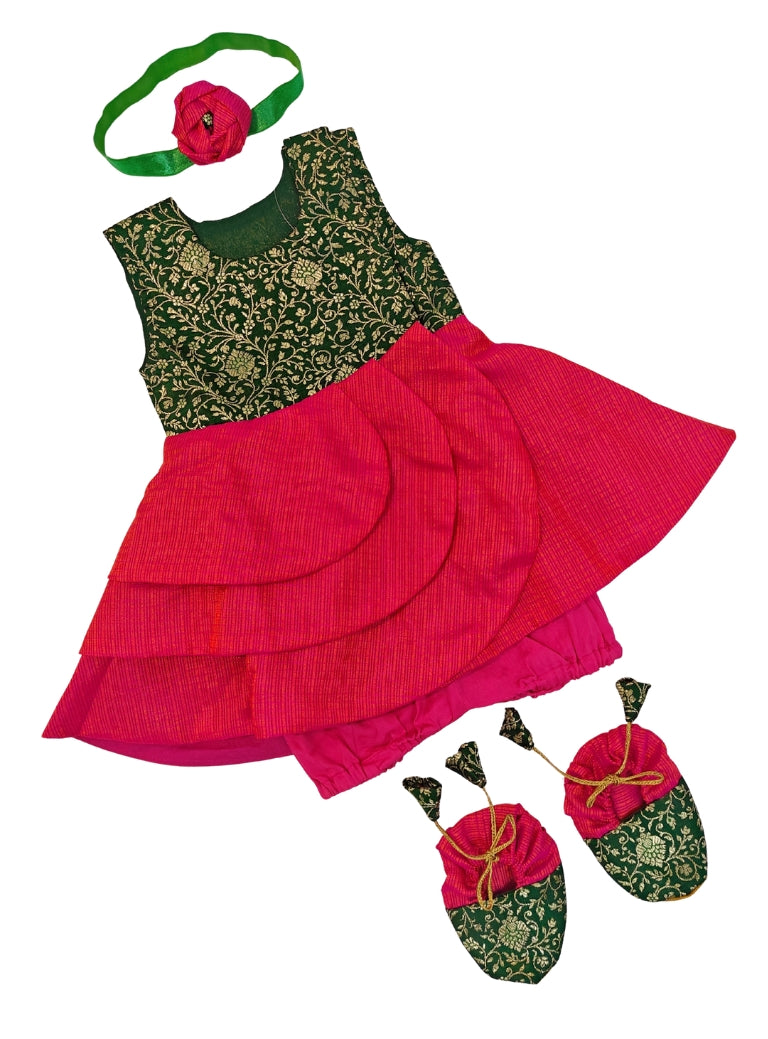 Arnaa Set - Bottle Green Banarasi brocade bodice and Pink kotta silk open layered flair naming ceremony dress dress with bloomer ,headband and booties for a newborn baby girls