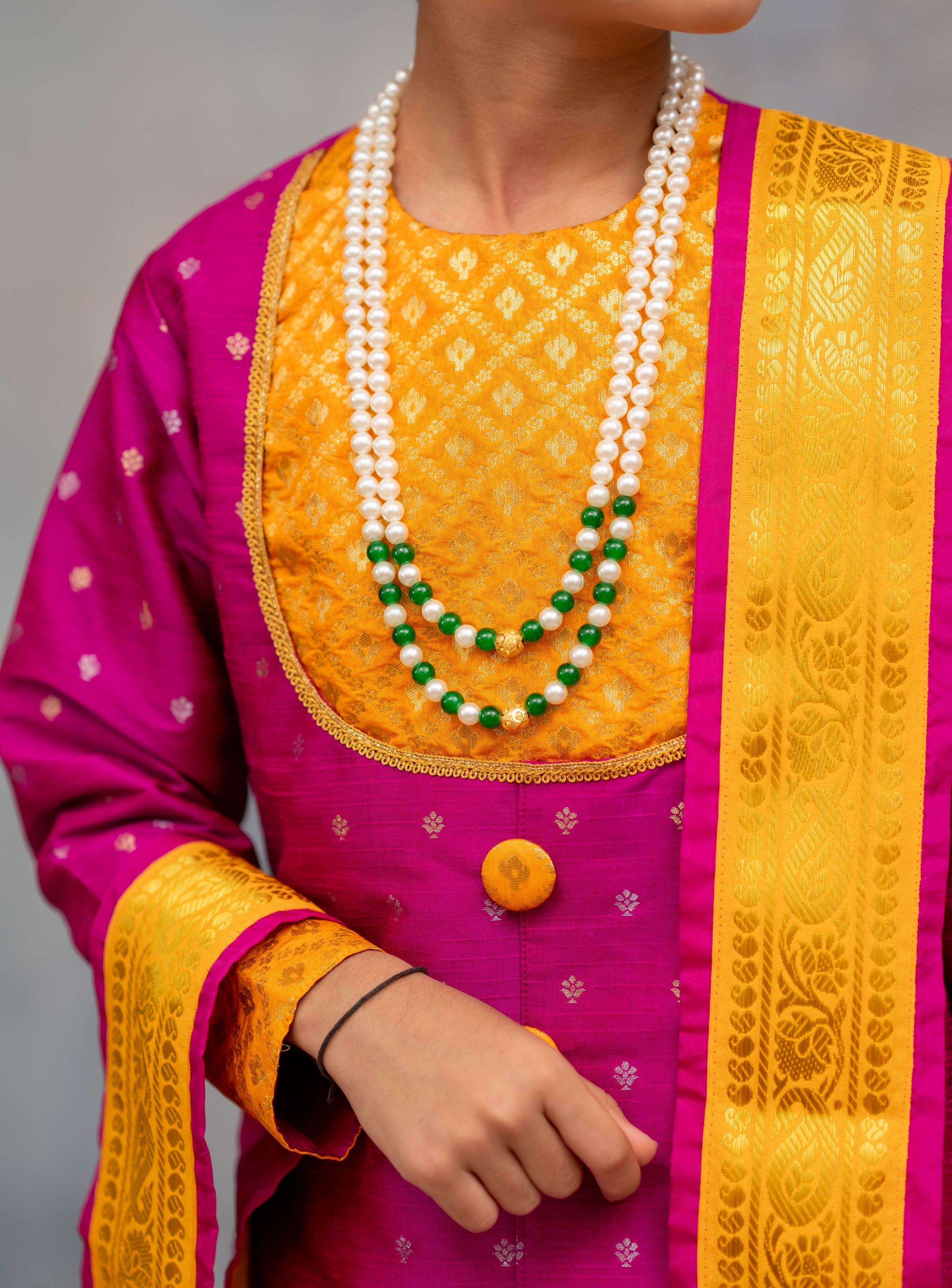 Magenta raw silk with jari butta short kurta with same coloured sovale and shela set with yellow border for Batu