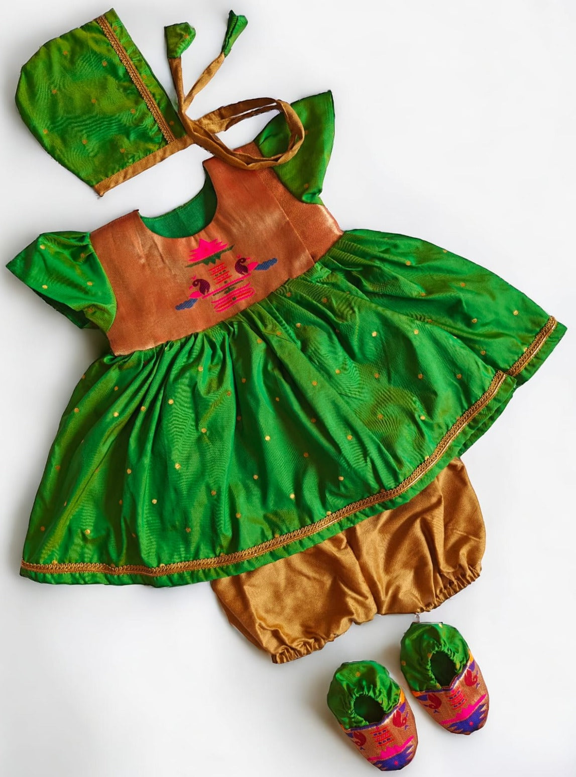 Parrot Green Paithani brocade silk,front open newborn dress for naming ceremony with bonnet, bloomer & booties.It's the perfect outfit for your baby's naming ceremony,naamkaran or annaprashan ceremony.Traditional dress for Noolukettu Ceremony,Pachavi Puja,cradle ceremony,Rice Ceremony,Chatti Puja etc.Apt gifting idea