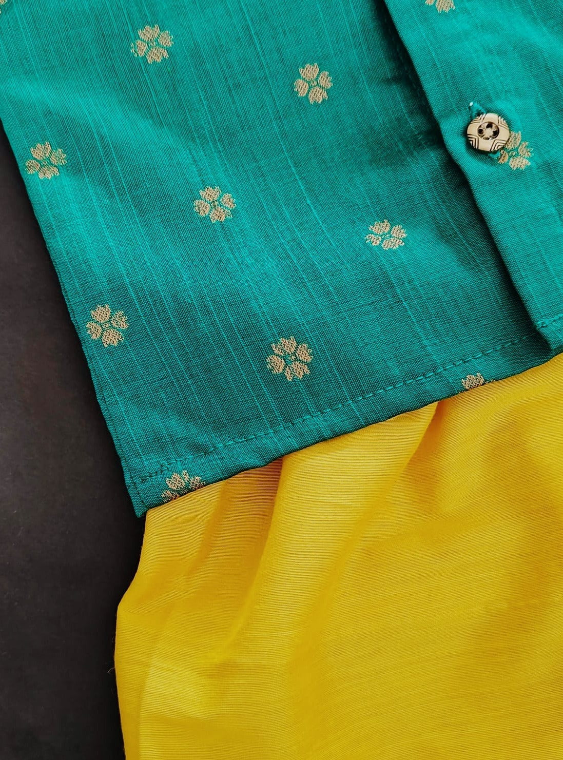 Emerald green and yellow raw silk Baba suit for newborn Baby Boy ideal for naming ceremony. It's the perfect outfit for your baby's naming ceremony,naamkaran,annaprashan ceremony.Traditional dress for Noolukettu Ceremony,Pachavi Puja,cradle ceremony,Rice Ceremony,Chatti Puja etc. Apt gifting idea