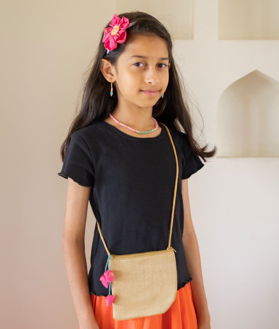 Purna set - Baby Pink and Sky Blue necklace earrings set, matching flower motif Headband and a  coordinated sling purse for girls