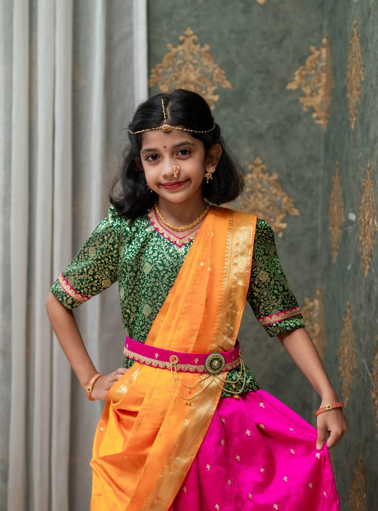 Rani pink cut work border soft raw silk ghagra with green banaras brocade choli and Mango coloured chanderi silk dupatta for Brahmavadini