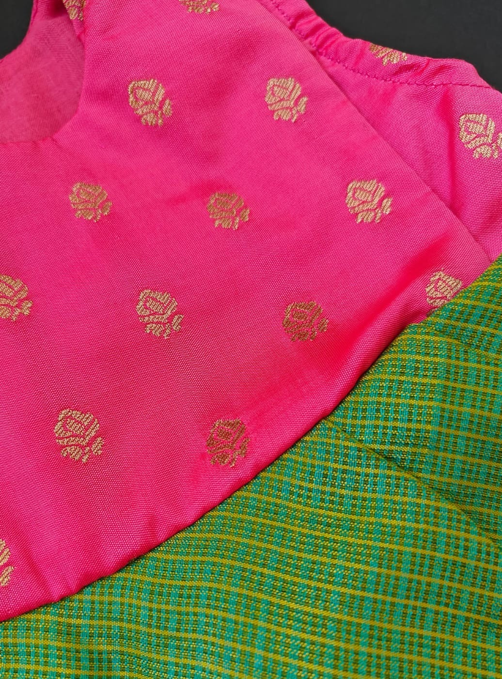 Pink soft brocade & green front open layered dress with bloomer,headband,booties for a newborn baby girl.It's the perfect outfit for your baby's naming ceremony,naamkaran or annaprashan ceremony.Traditional dress for Noolukettu Ceremony,Pachavi Puja,cradle ceremony,Rice Ceremony,Chatti Puja etc. Apt gifting idea
