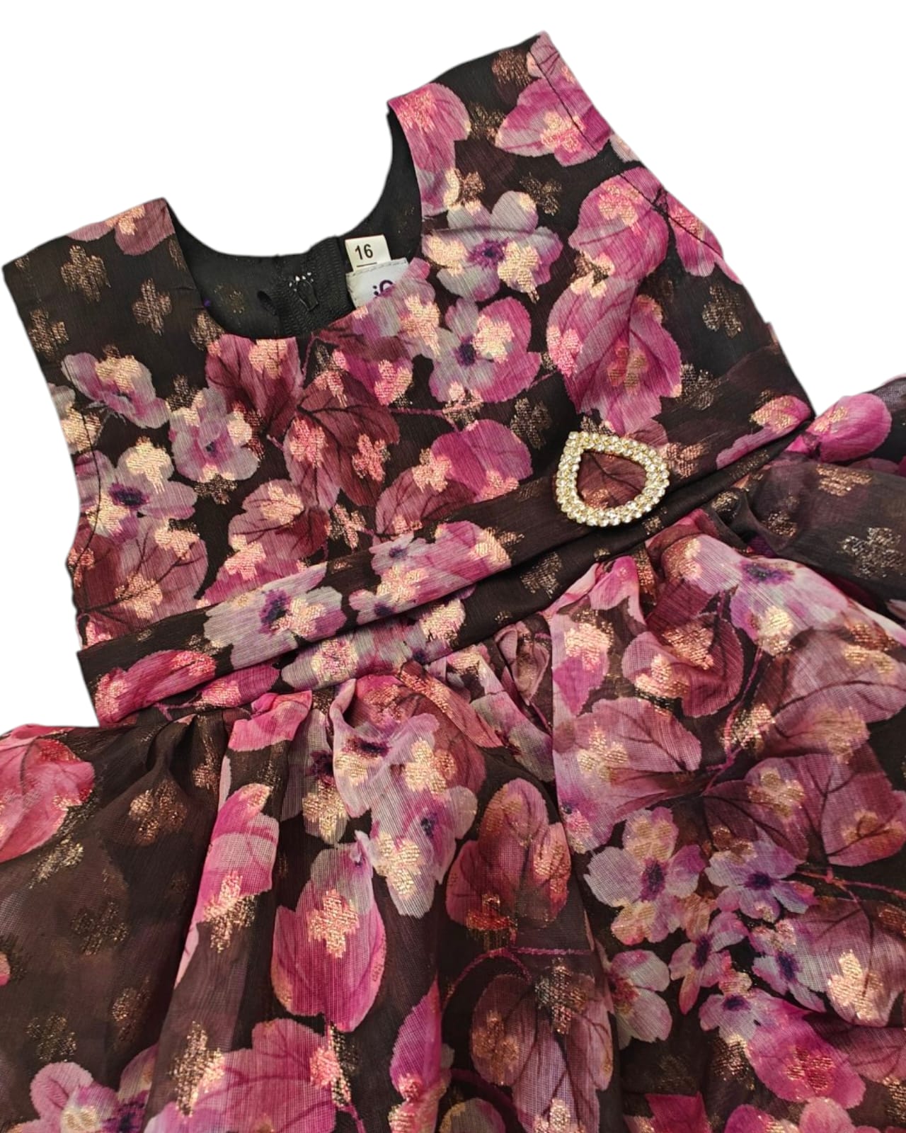 Brocade chanderi silk balloon dress with stone embellished buckle pattern for new born baby girl.Traditional dress for Noolukettu Ceremony,Pachavi Puja,cradle ceremony,Rice Ceremony,Chatti Puja etc.Apt gifting idea