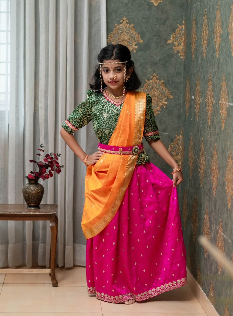 Rani pink cut work border soft raw silk ghagra with green banaras brocade choli and Mango coloured chanderi silk dupatta for Brahmavadini