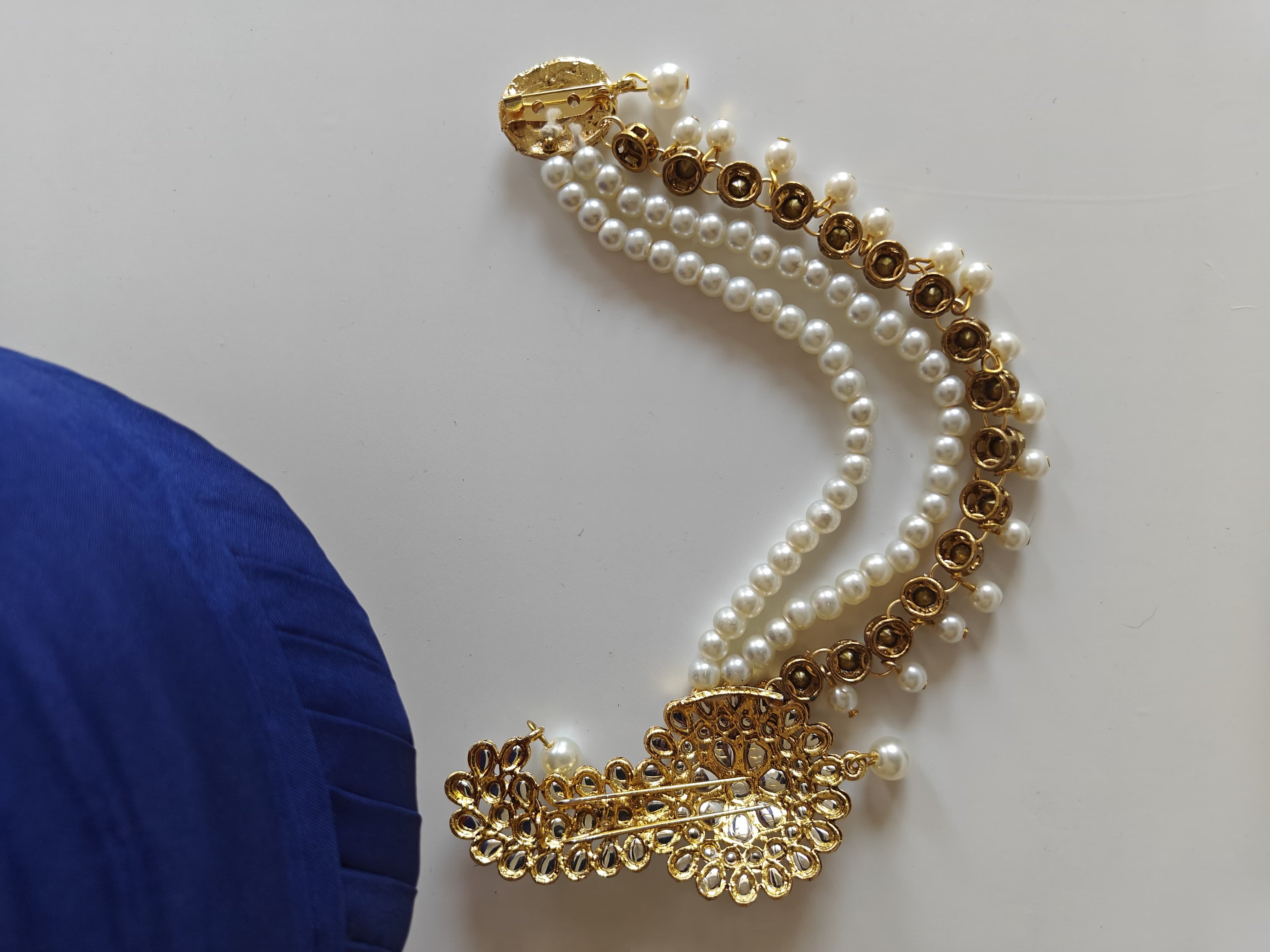 White Kundan big sized  Pagadi Brooch with Pearls and stones Maala attachment for Batu\ Groom