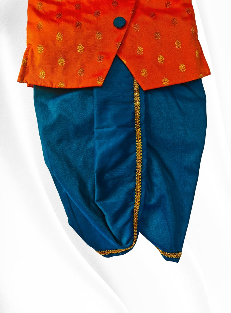 Orange brocade silk overlap kurta and teal blue cotton silk dhoti set for Newborn Baby Boy.It's the perfect outfit for your baby's naming ceremony,naamkaran,annaprashan ceremony.Traditional dress for Noolukettu Ceremony,Pachavi Puja,cradle ceremony,Rice Ceremony,Chatti Puja etc. Apt gifting idea..