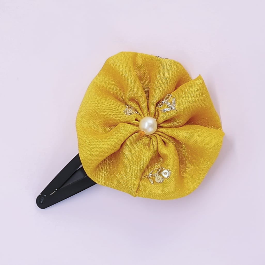 Royal Yellow Vichitra silk Round shaped flower hairclip for Girls