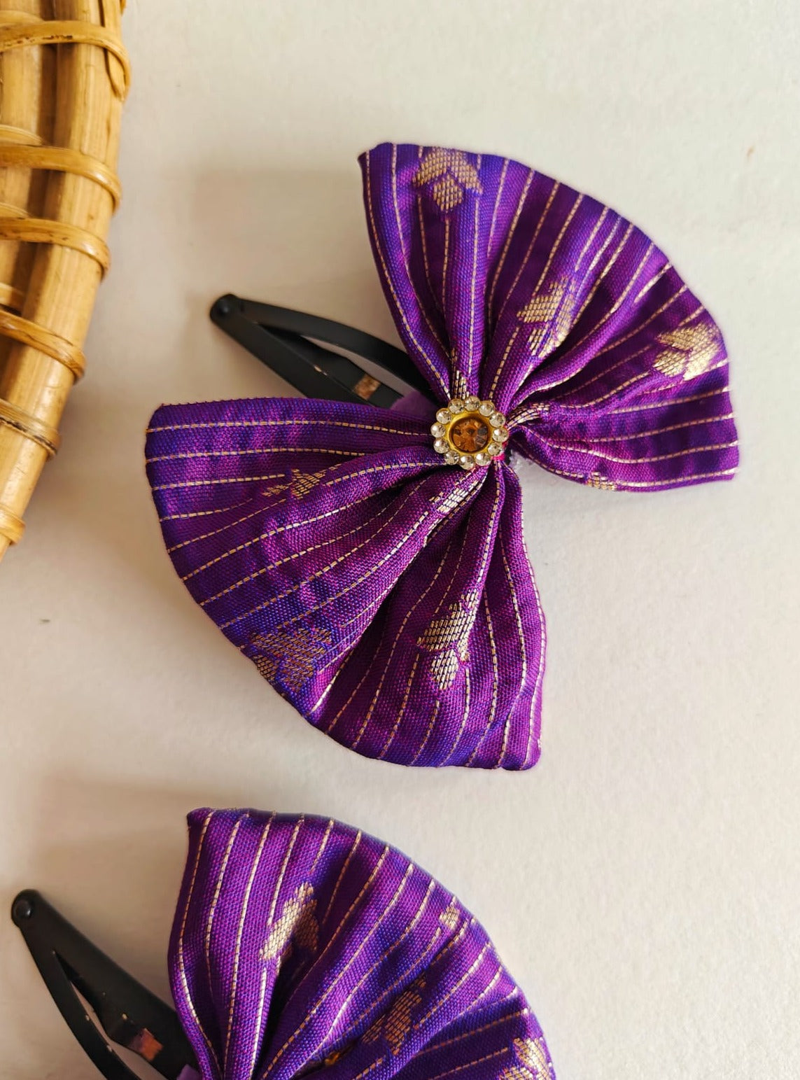 Purple Set of two brocade fabric bow tic tac clips for Girls Pair these clips with any partywear, Festive or even casual wear and get going.