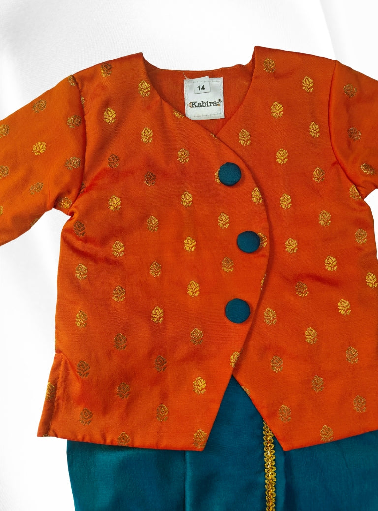 Orange brocade silk overlap kurta and teal blue cotton silk dhoti set for Newborn Baby Boy.It's the perfect outfit for your baby's naming ceremony,naamkaran,annaprashan ceremony.Traditional dress for Noolukettu Ceremony,Pachavi Puja,cradle ceremony,Rice Ceremony,Chatti Puja etc. Apt gifting idea.